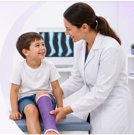 Médica ortopedista pediátrica atendendo uma criança
