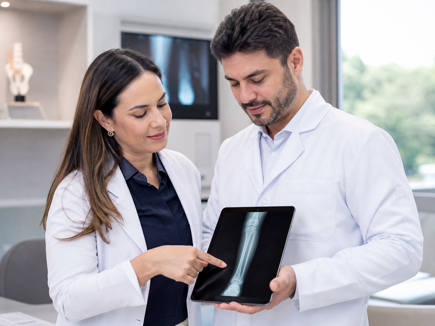 Especialistas em ortopedia pediátrica analisando juntos uma radiografia